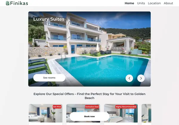 Finikas website featuring its suites and pool in Thassos