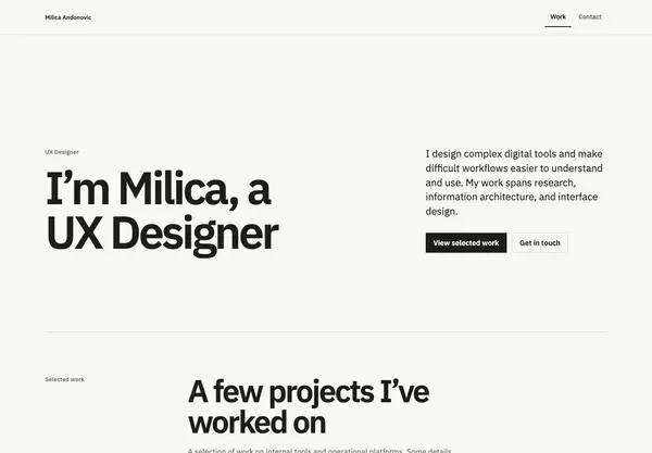 Milica Andonovic’s UX portfolio, with clear typography and selected design work